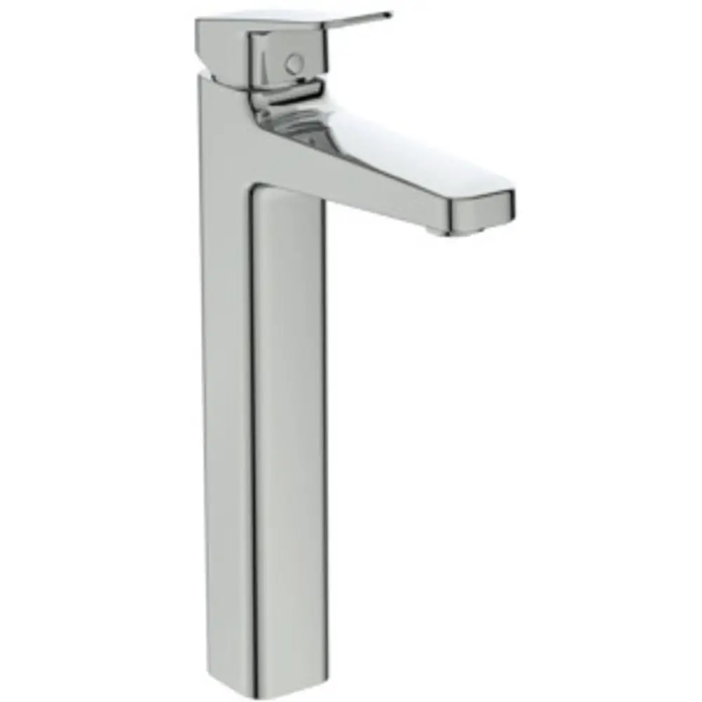 Waschtischarmatur aus Chrom mit rechteckigem Design, Hersteller Ideal Standard, ausgestattet mit einem Hebelmischer und flacher Auslaufkante.